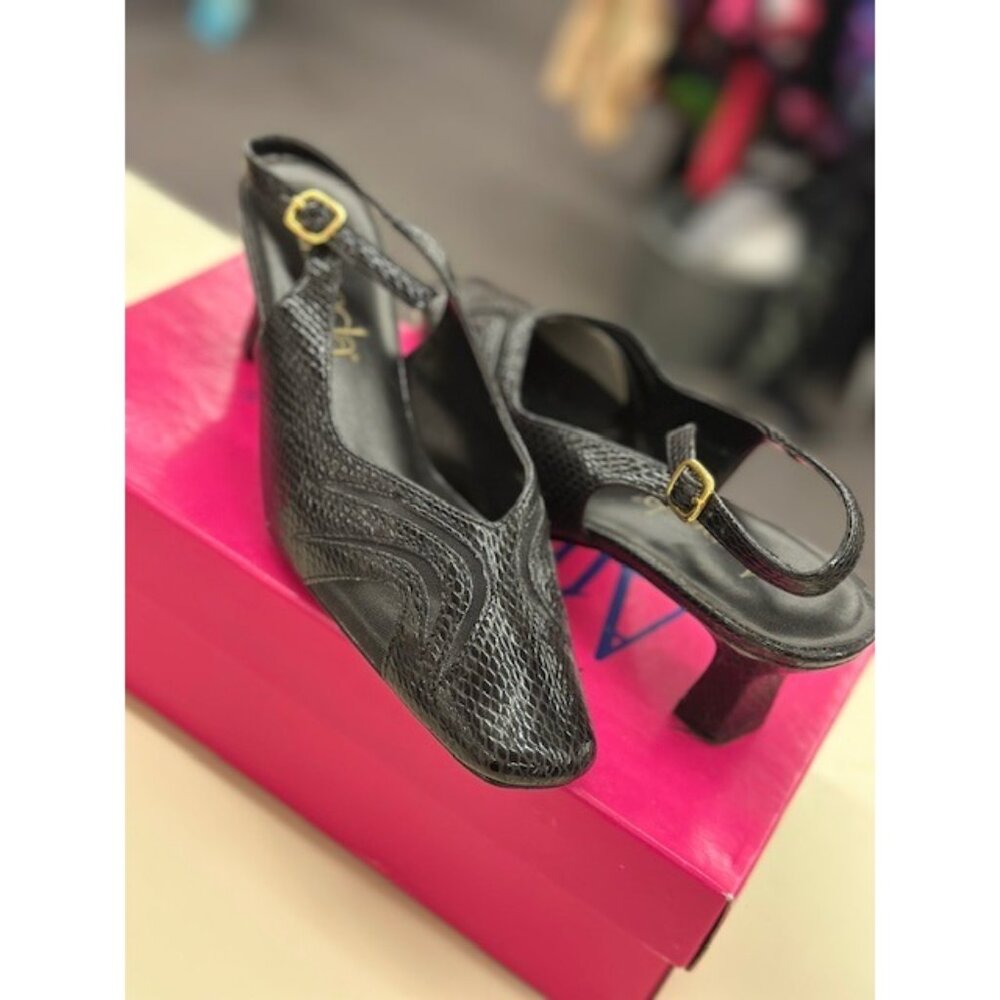 Amanda Black Faux Snakeskin Heels 8M With 2.5" Block Heel & Adjustable Straps